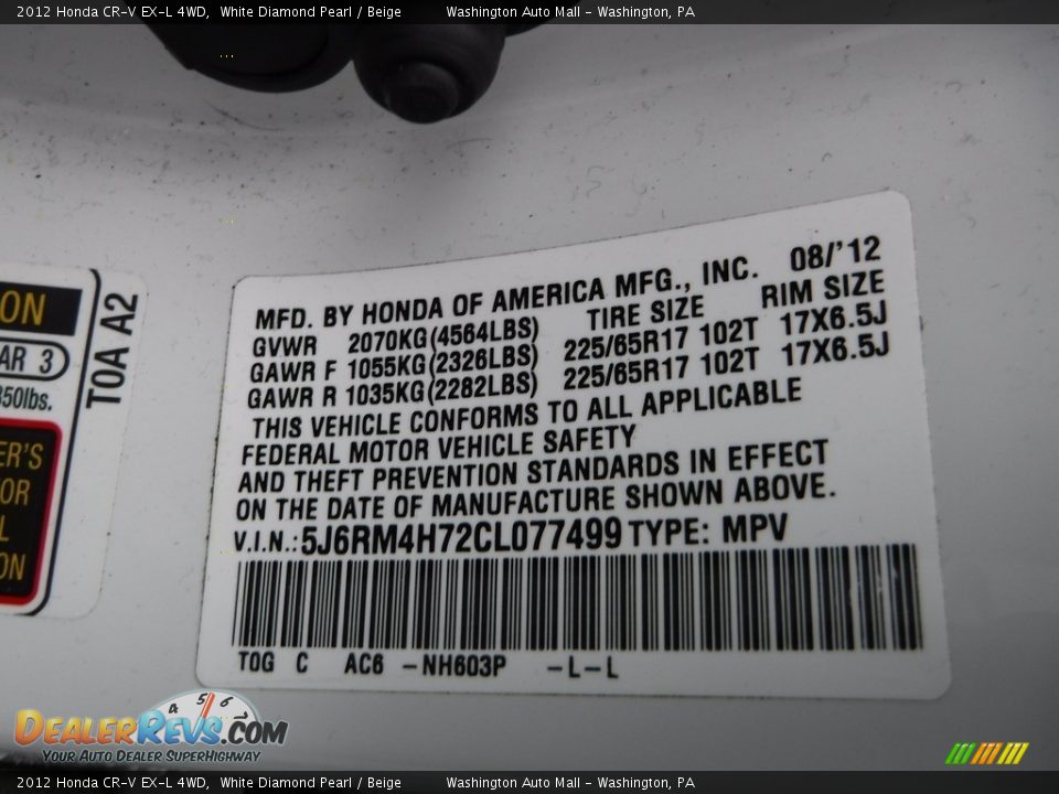2012 Honda CR-V EX-L 4WD White Diamond Pearl / Beige Photo #26