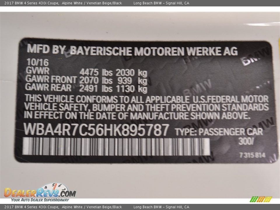 2017 BMW 4 Series 430i Coupe Alpine White / Venetian Beige/Black Photo #15