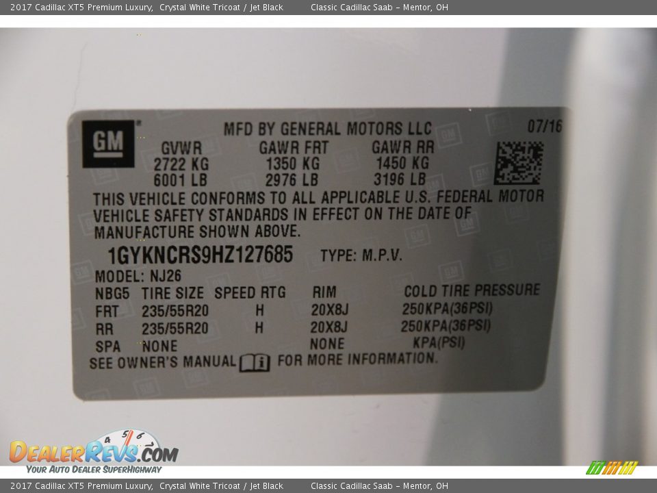 2017 Cadillac XT5 Premium Luxury Crystal White Tricoat / Jet Black Photo #20