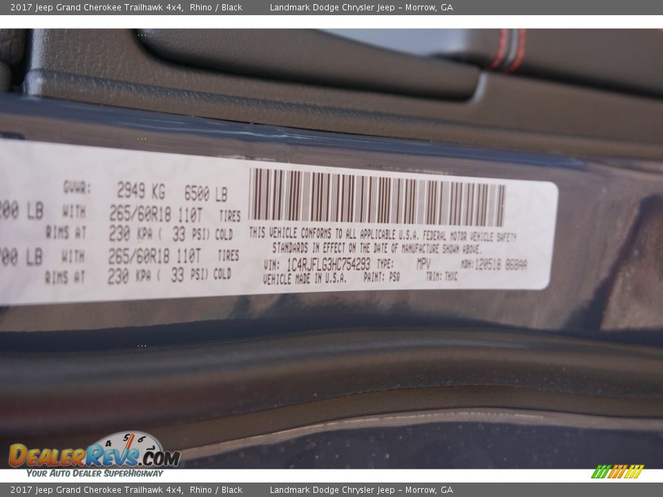 2017 Jeep Grand Cherokee Trailhawk 4x4 Rhino / Black Photo #9