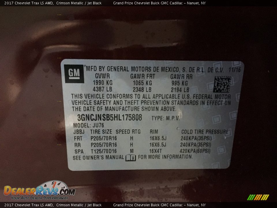 2017 Chevrolet Trax LS AWD Crimson Metallic / Jet Black Photo #7
