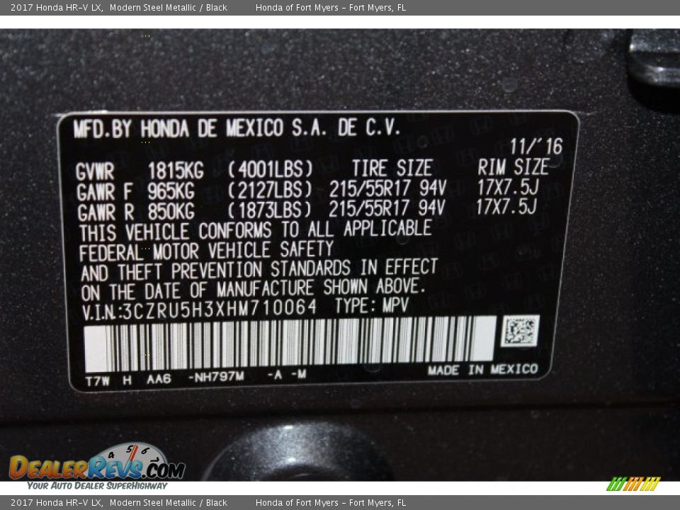 2017 Honda HR-V LX Modern Steel Metallic / Black Photo #26