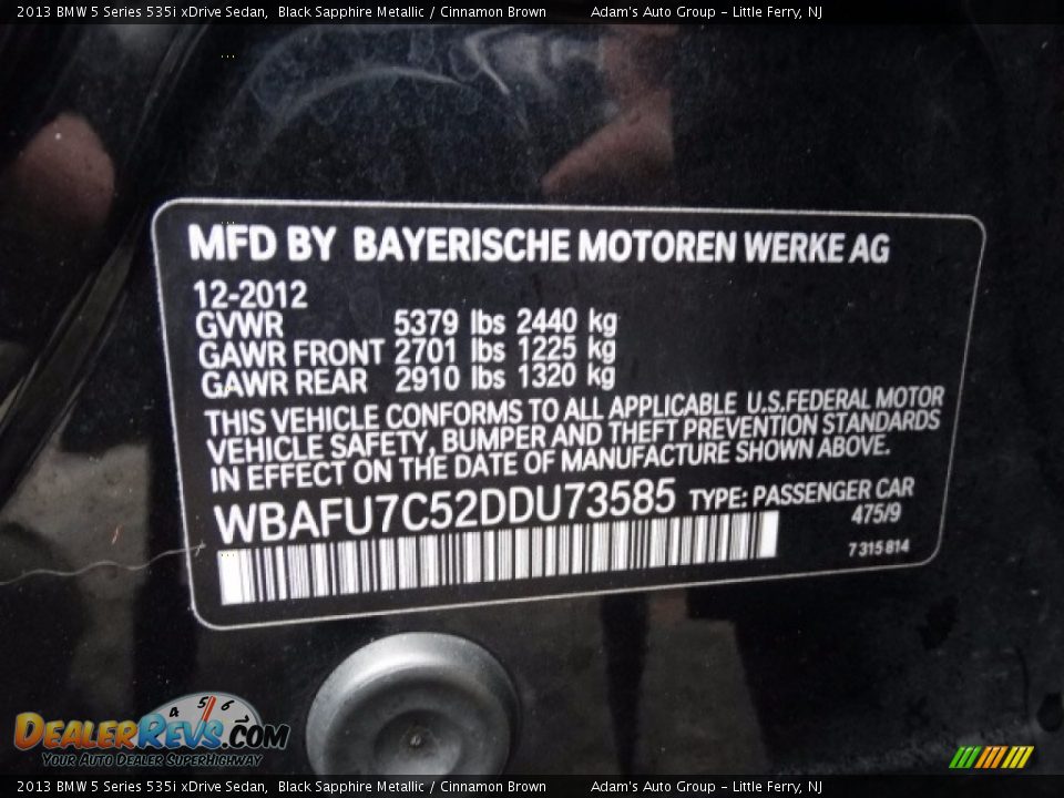 2013 BMW 5 Series 535i xDrive Sedan Black Sapphire Metallic / Cinnamon Brown Photo #11