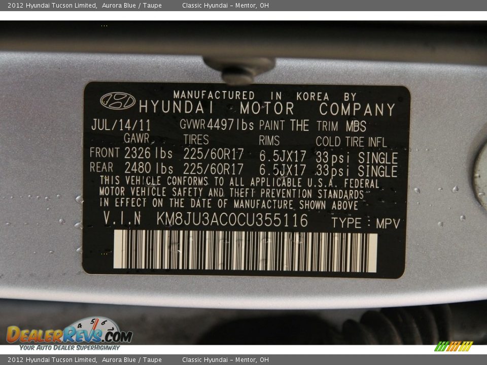 2012 Hyundai Tucson Limited Aurora Blue / Taupe Photo #16