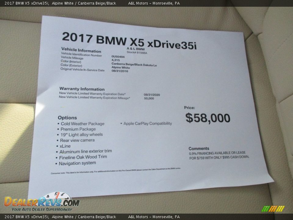 2017 BMW X5 xDrive35i Alpine White / Canberra Beige/Black Photo #12