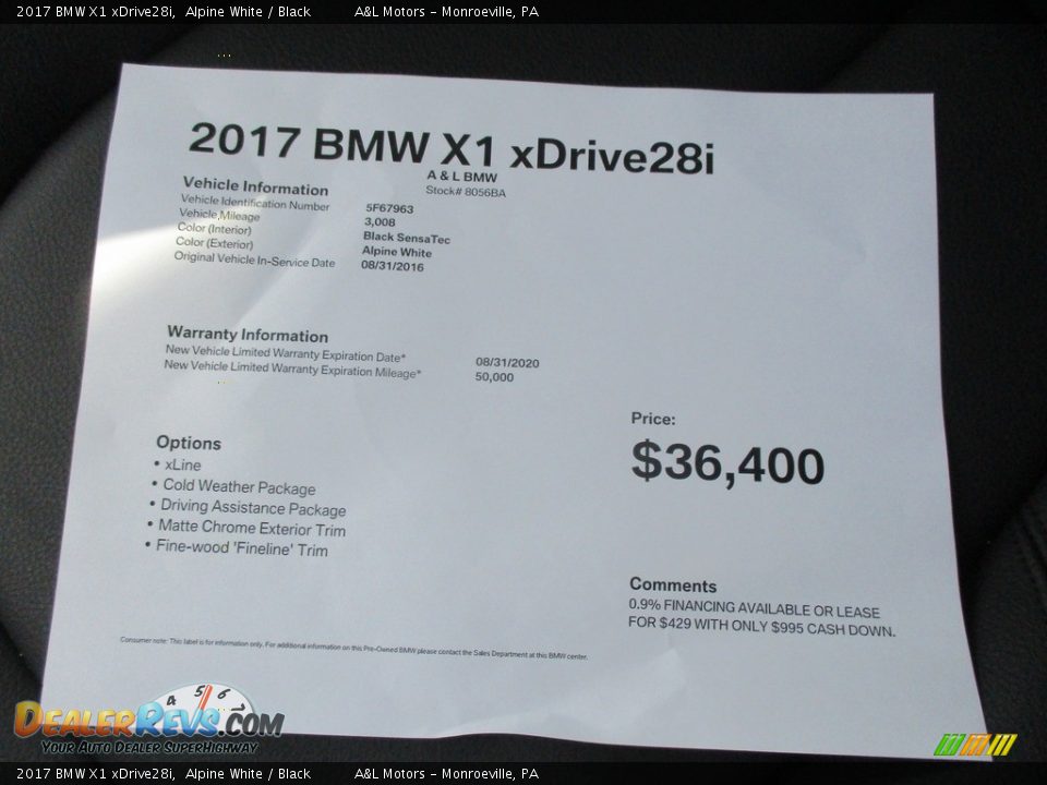 2017 BMW X1 xDrive28i Alpine White / Black Photo #12