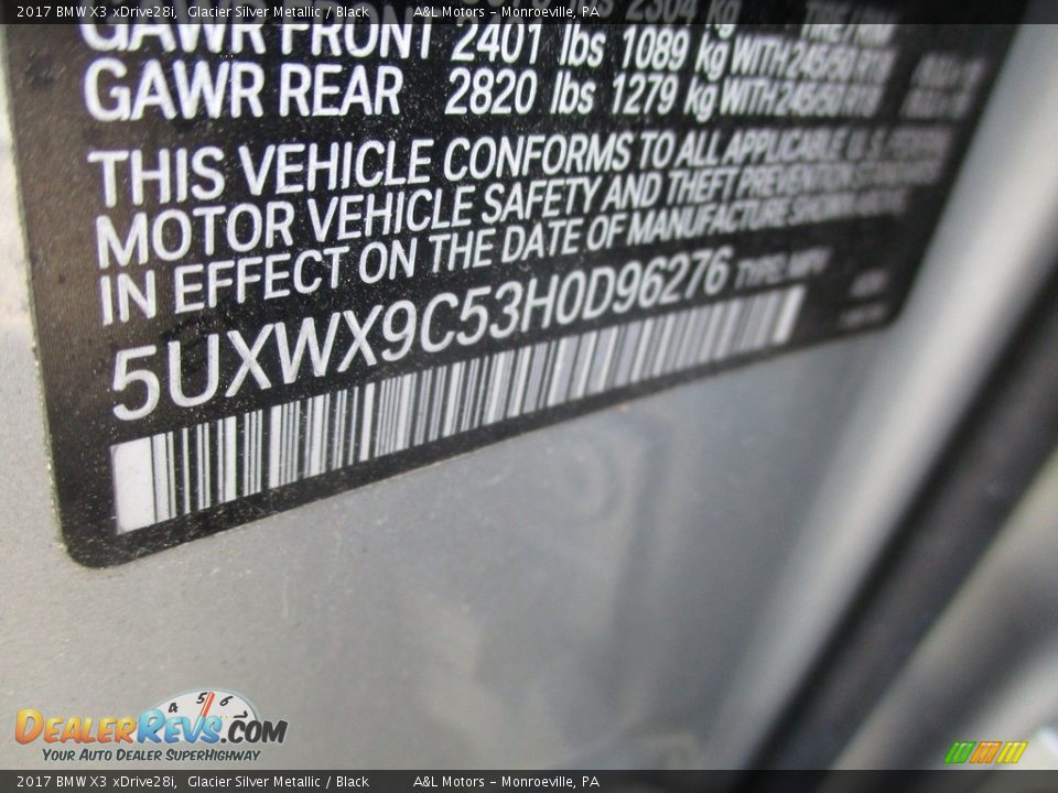 2017 BMW X3 xDrive28i Glacier Silver Metallic / Black Photo #19