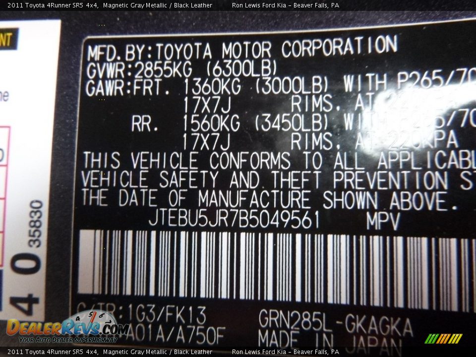 2011 Toyota 4Runner SR5 4x4 Magnetic Gray Metallic / Black Leather Photo #15