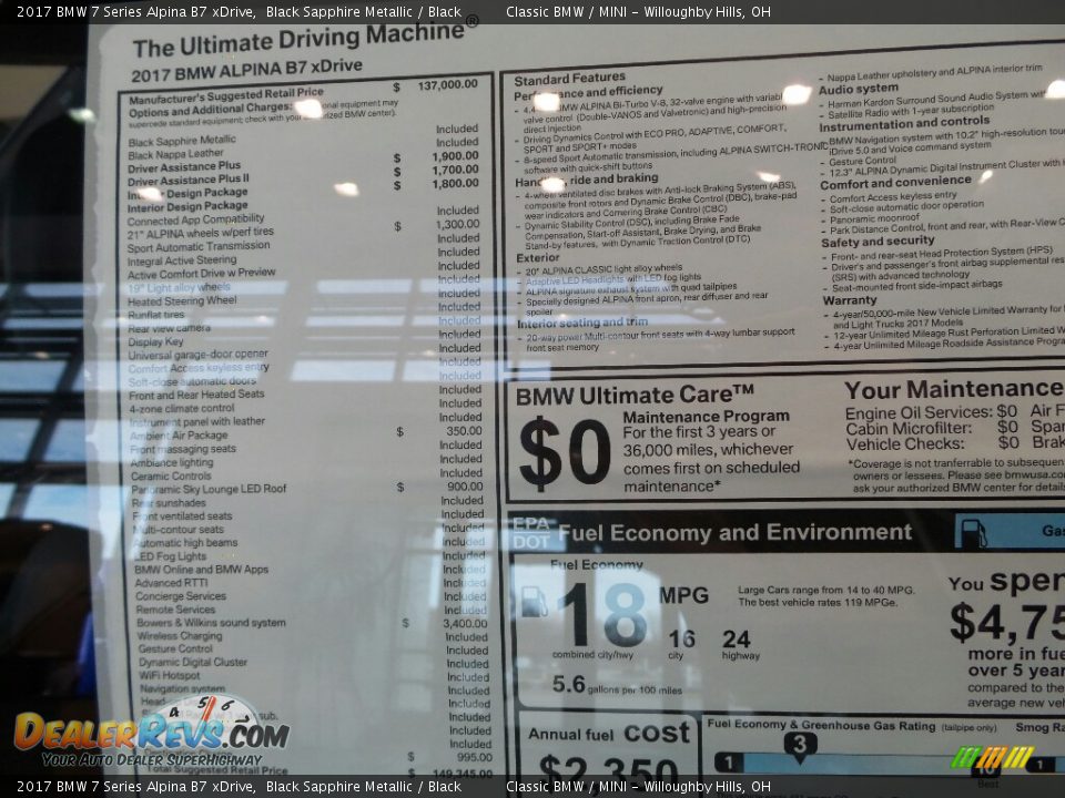 2017 BMW 7 Series Alpina B7 xDrive Window Sticker Photo #10