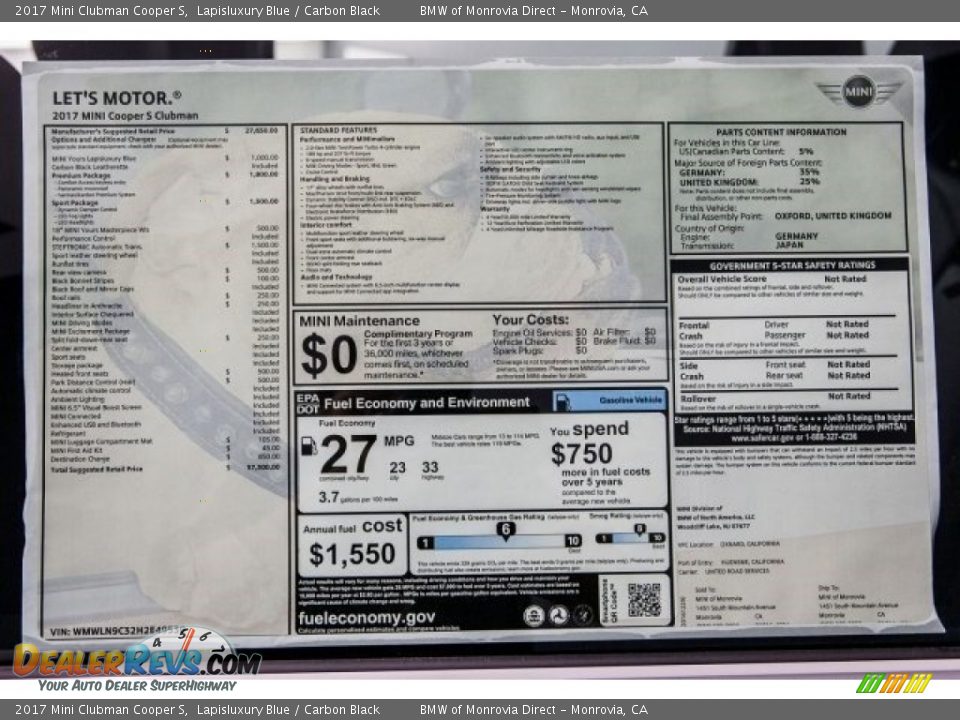 2017 Mini Clubman Cooper S Window Sticker Photo #10