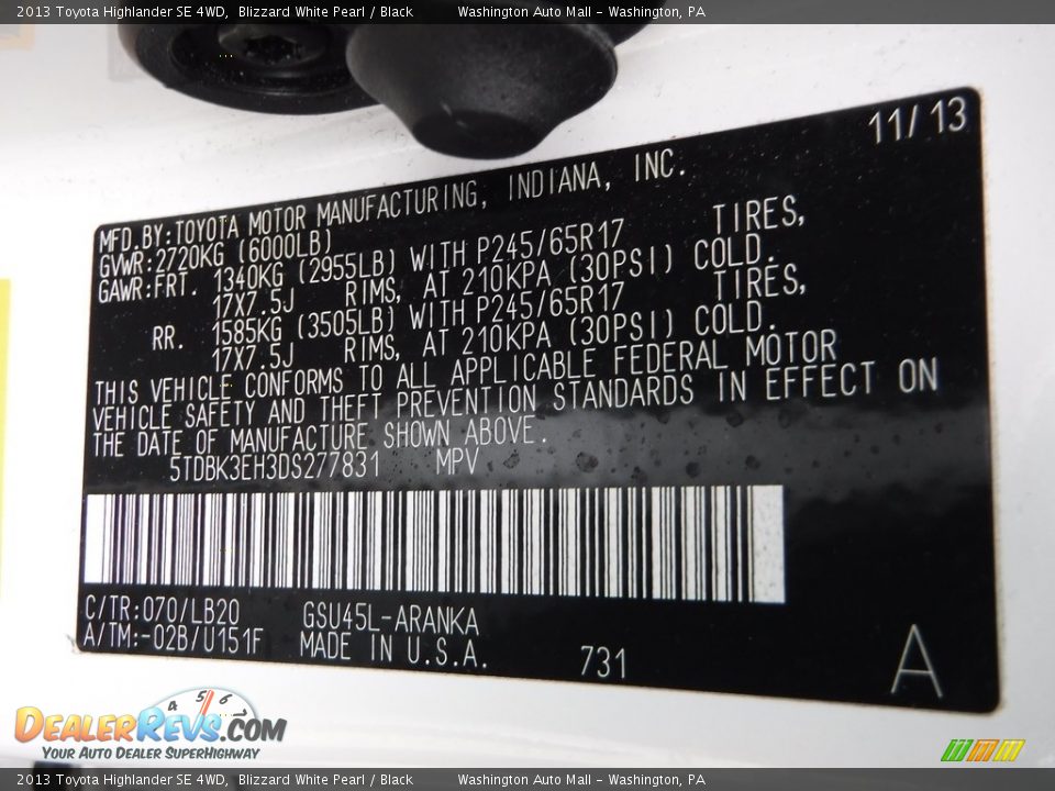 2013 Toyota Highlander SE 4WD Blizzard White Pearl / Black Photo #26