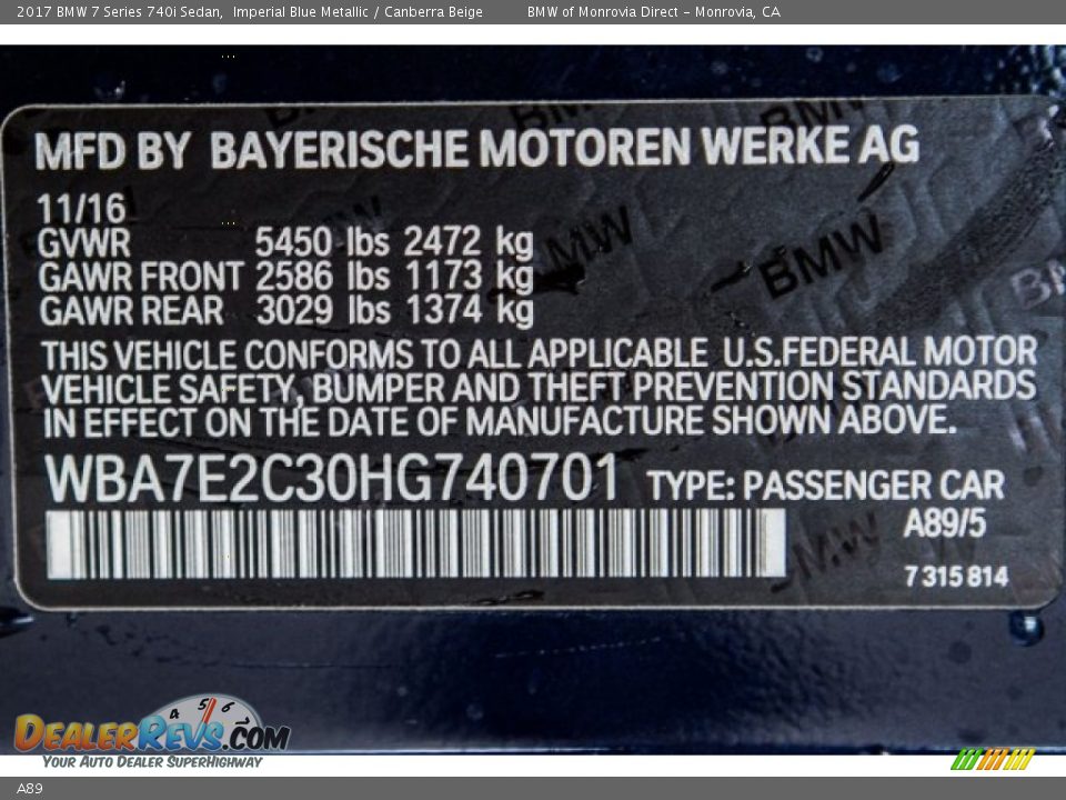 BMW Color Code A89 Imperial Blue Metallic