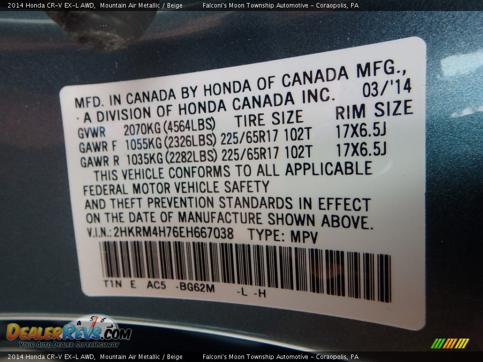 2014 Honda CR-V EX-L AWD Mountain Air Metallic / Beige Photo #23