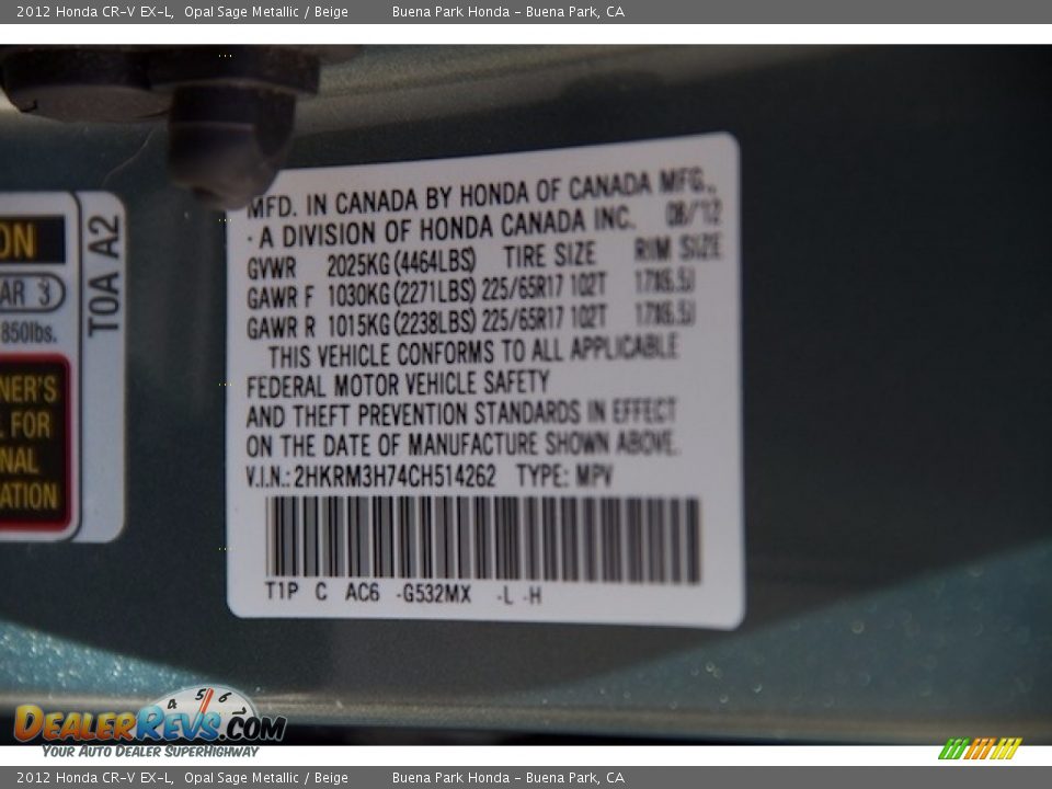 2012 Honda CR-V EX-L Opal Sage Metallic / Beige Photo #33