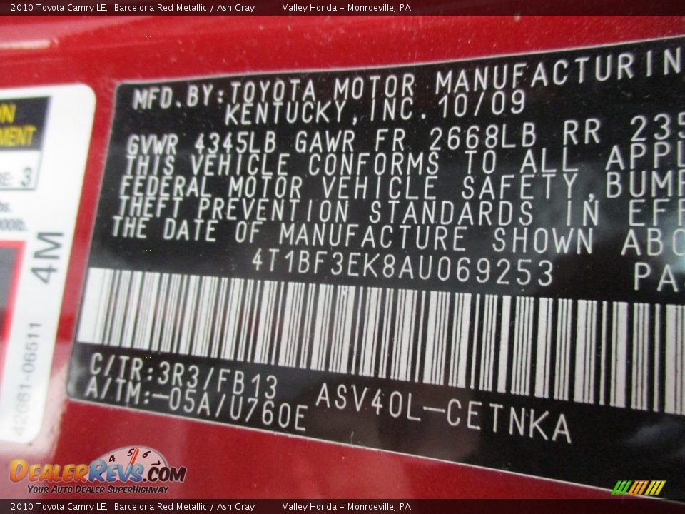 2010 Toyota Camry LE Barcelona Red Metallic / Ash Gray Photo #19
