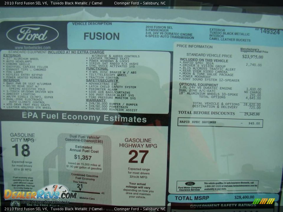 2010 Ford Fusion SEL V6 Tuxedo Black Metallic / Camel Photo #16