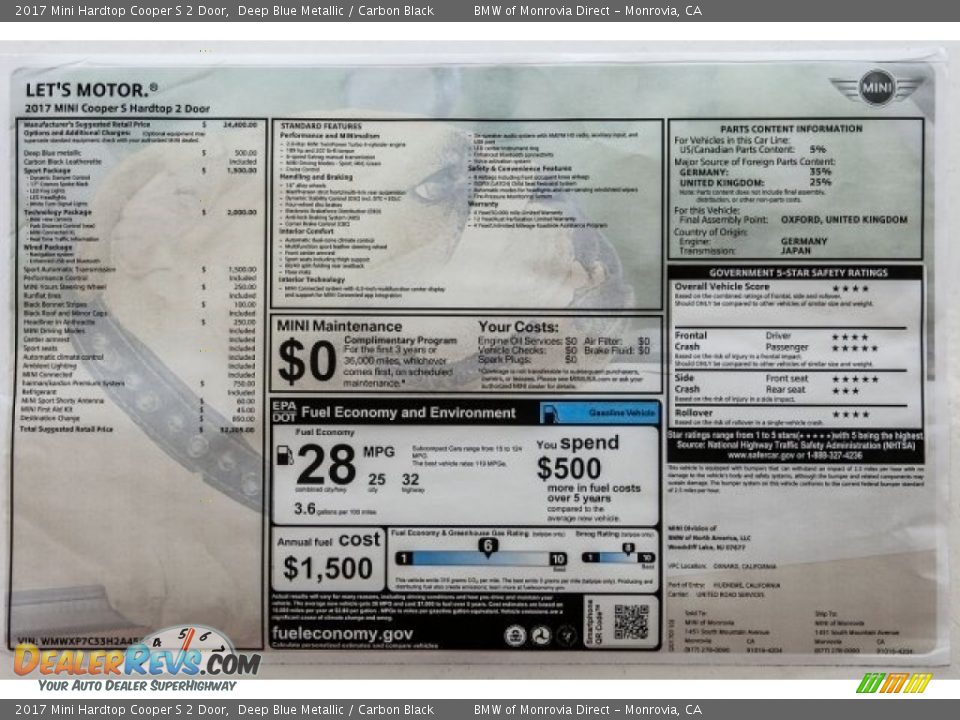 2017 Mini Hardtop Cooper S 2 Door Deep Blue Metallic / Carbon Black Photo #10