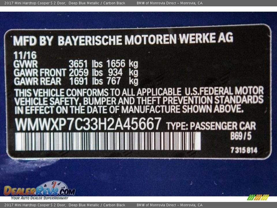 2017 Mini Hardtop Cooper S 2 Door Deep Blue Metallic / Carbon Black Photo #11