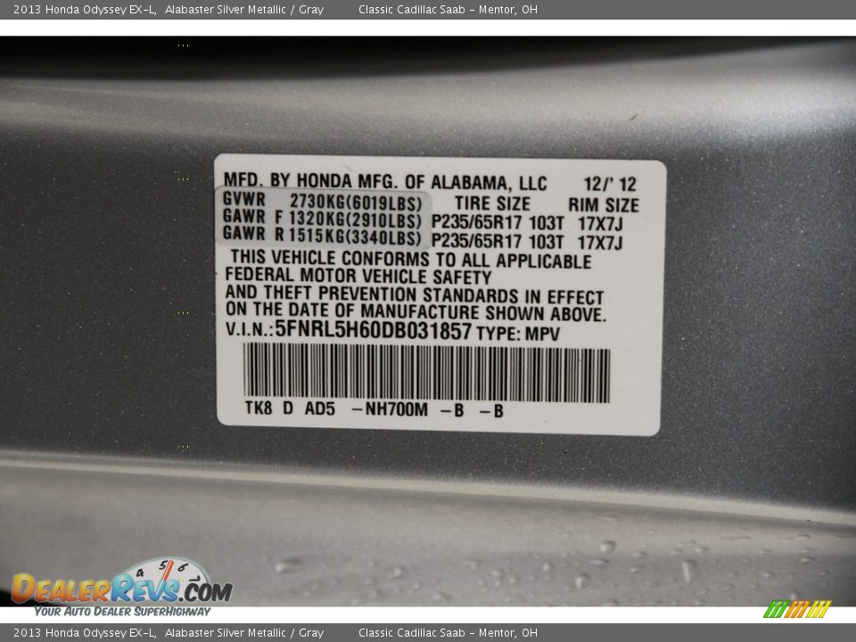 2013 Honda Odyssey EX-L Alabaster Silver Metallic / Gray Photo #23