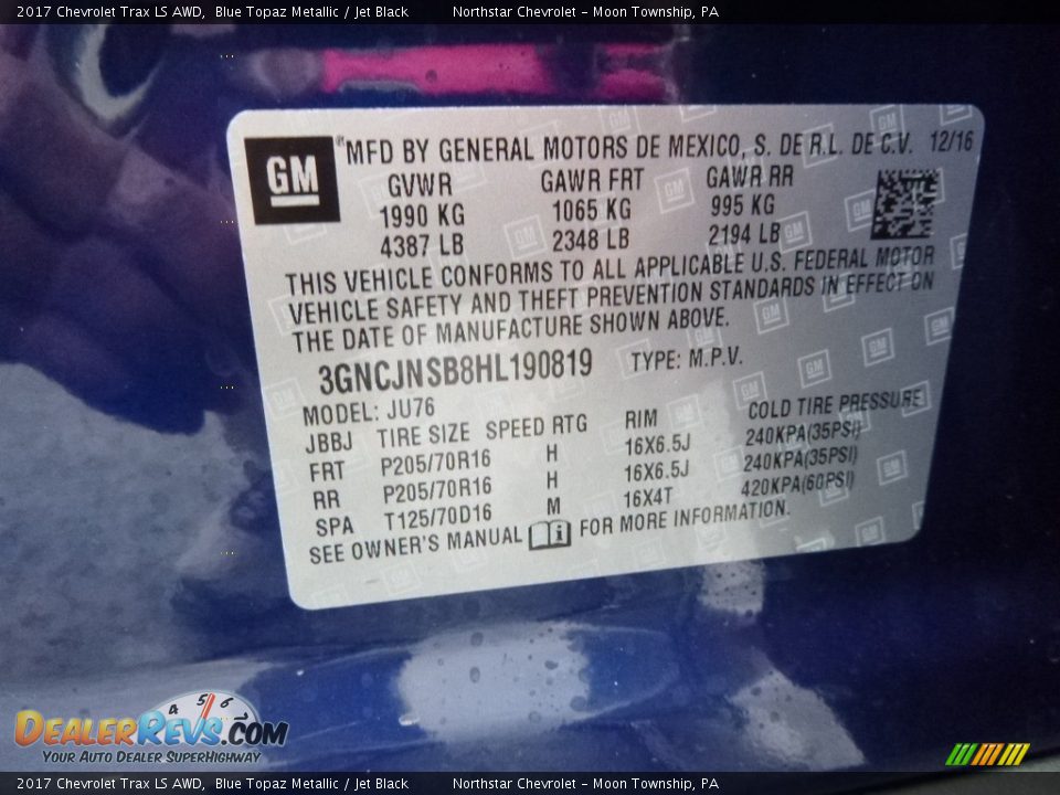 2017 Chevrolet Trax LS AWD Blue Topaz Metallic / Jet Black Photo #16