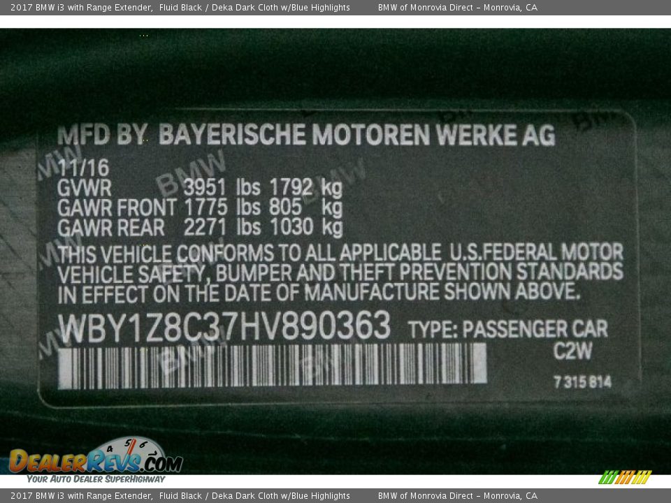 2017 BMW i3 with Range Extender Fluid Black / Deka Dark Cloth w/Blue Highlights Photo #11