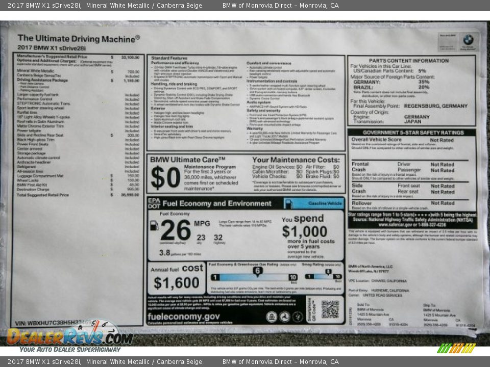 2017 BMW X1 sDrive28i Mineral White Metallic / Canberra Beige Photo #10