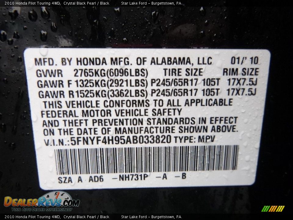 2010 Honda Pilot Touring 4WD Crystal Black Pearl / Black Photo #9
