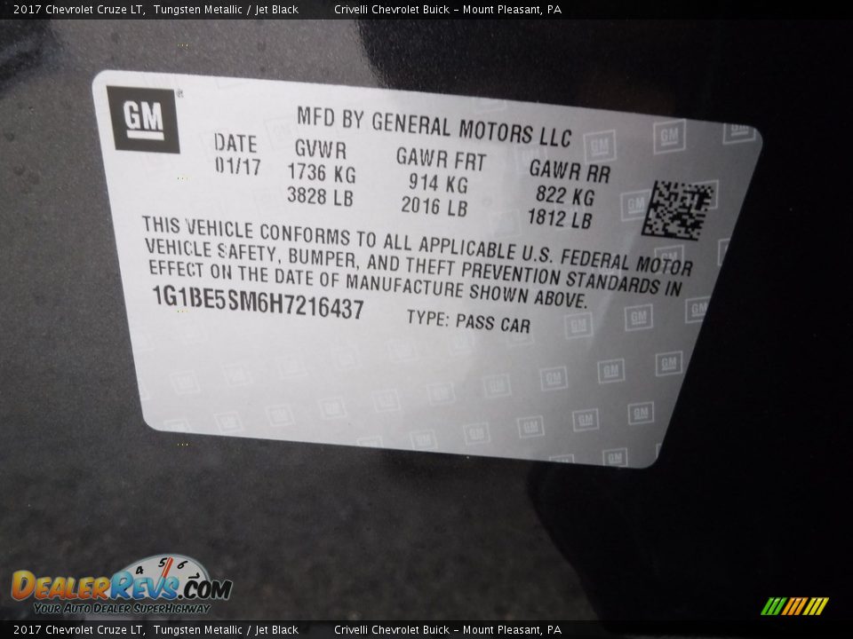 2017 Chevrolet Cruze LT Tungsten Metallic / Jet Black Photo #20