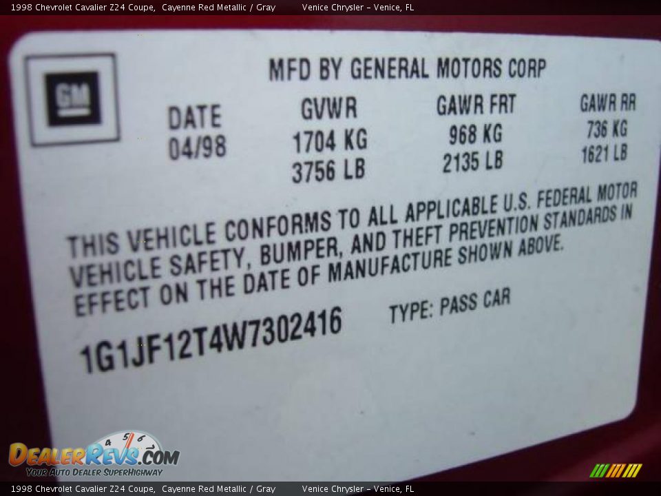1998 Chevrolet Cavalier Z24 Coupe Cayenne Red Metallic / Gray Photo #29