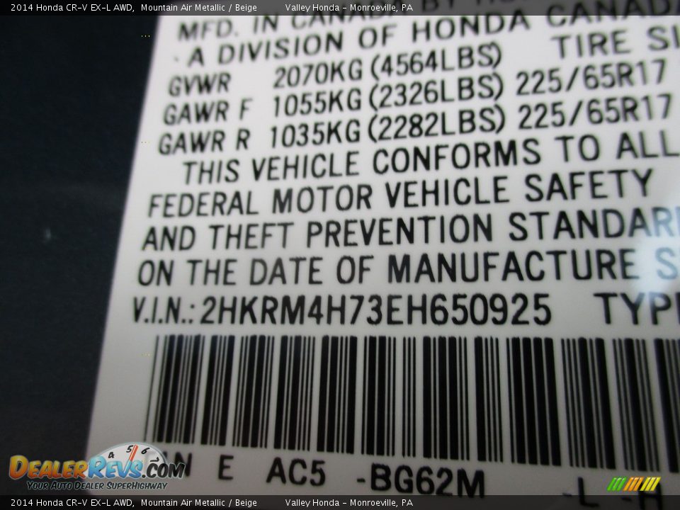 2014 Honda CR-V EX-L AWD Mountain Air Metallic / Beige Photo #19
