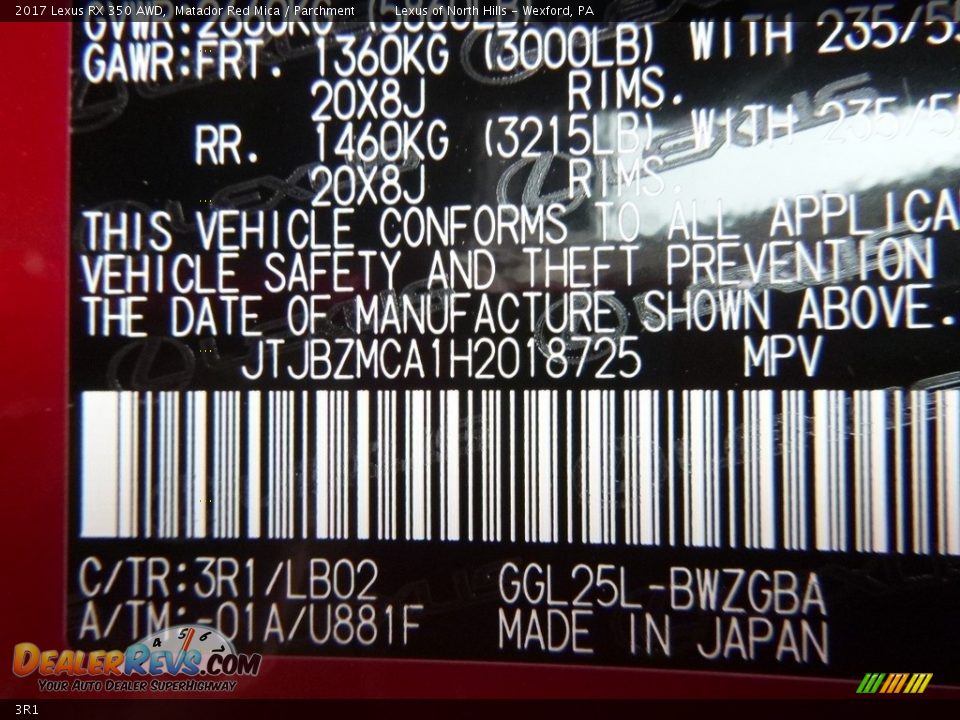 Lexus Color Code 3R1 Matador Red Mica