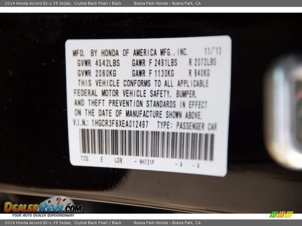 2014 Honda Accord EX-L V6 Sedan Crystal Black Pearl / Black Photo #34