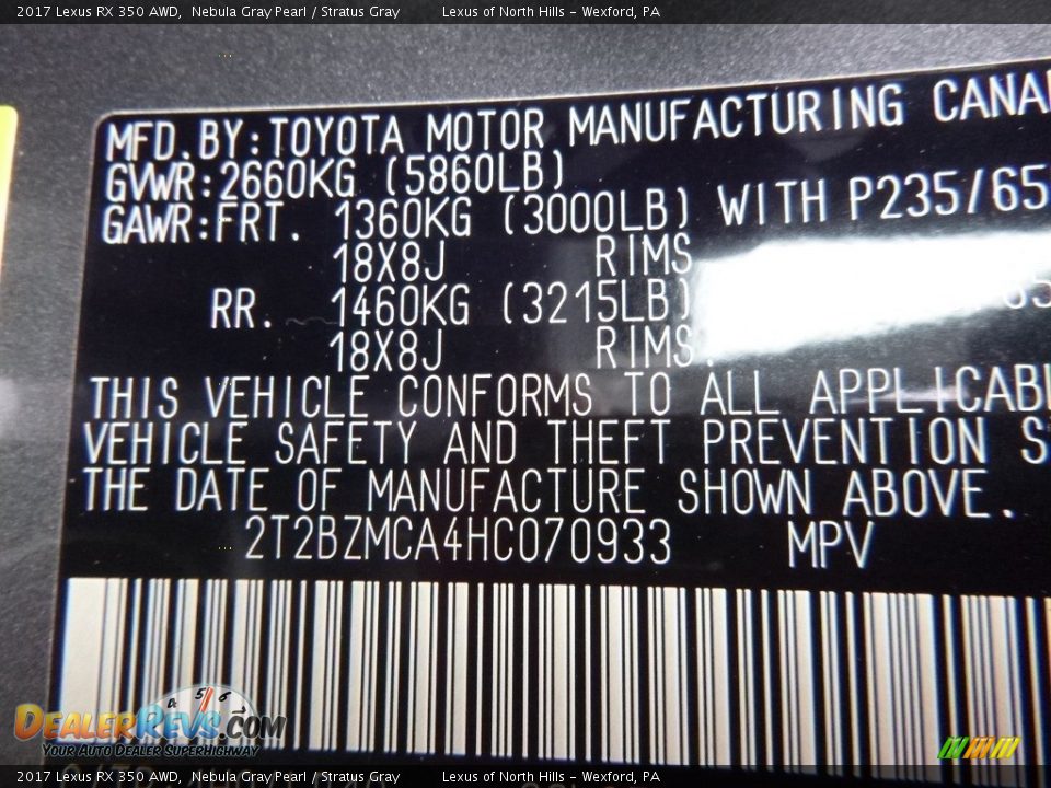 2017 Lexus RX 350 AWD Nebula Gray Pearl / Stratus Gray Photo #11