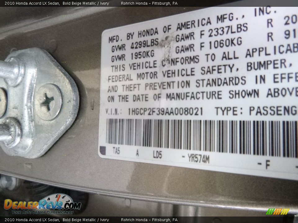 2010 Honda Accord LX Sedan Bold Beige Metallic / Ivory Photo #27