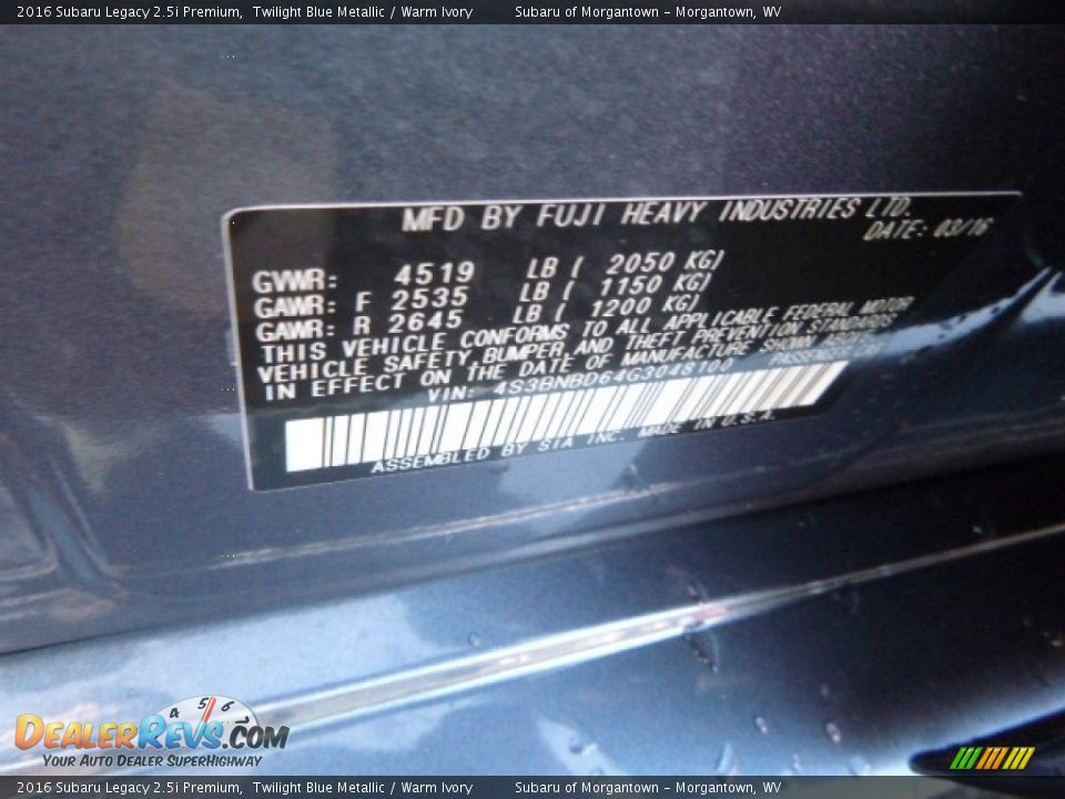 2016 Subaru Legacy 2.5i Premium Twilight Blue Metallic / Warm Ivory Photo #16