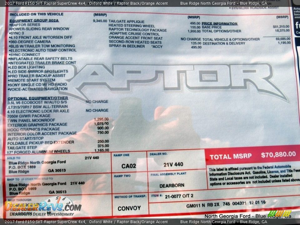 2017 Ford F150 SVT Raptor SuperCrew 4x4 Oxford White / Raptor Black/Orange Accent Photo #36
