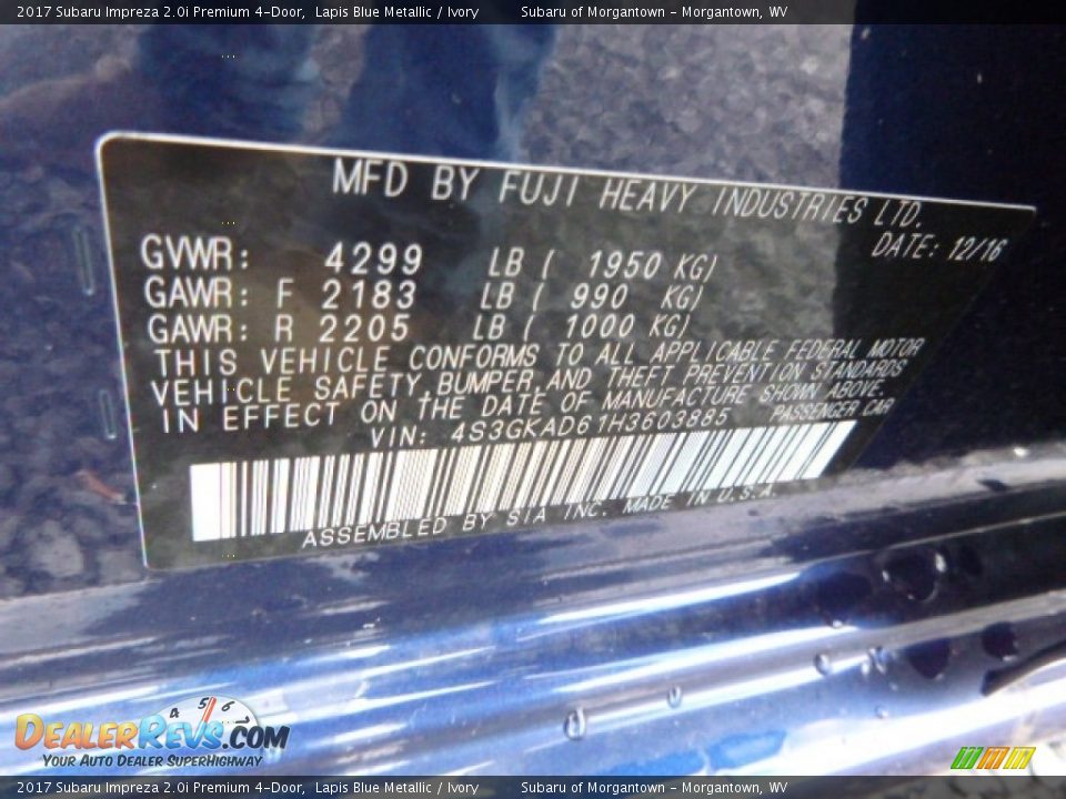 2017 Subaru Impreza 2.0i Premium 4-Door Lapis Blue Metallic / Ivory Photo #15