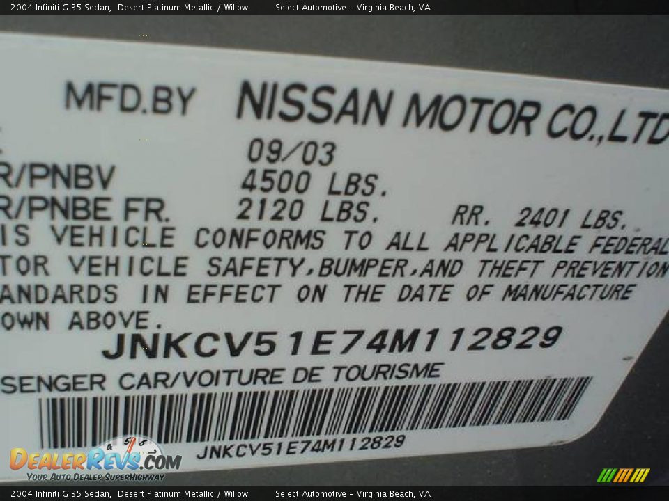 2004 Infiniti G 35 Sedan Desert Platinum Metallic / Willow Photo #24