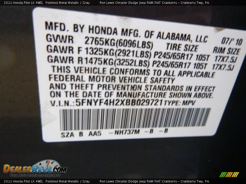 2011 Honda Pilot LX 4WD Polished Metal Metallic / Gray Photo #16