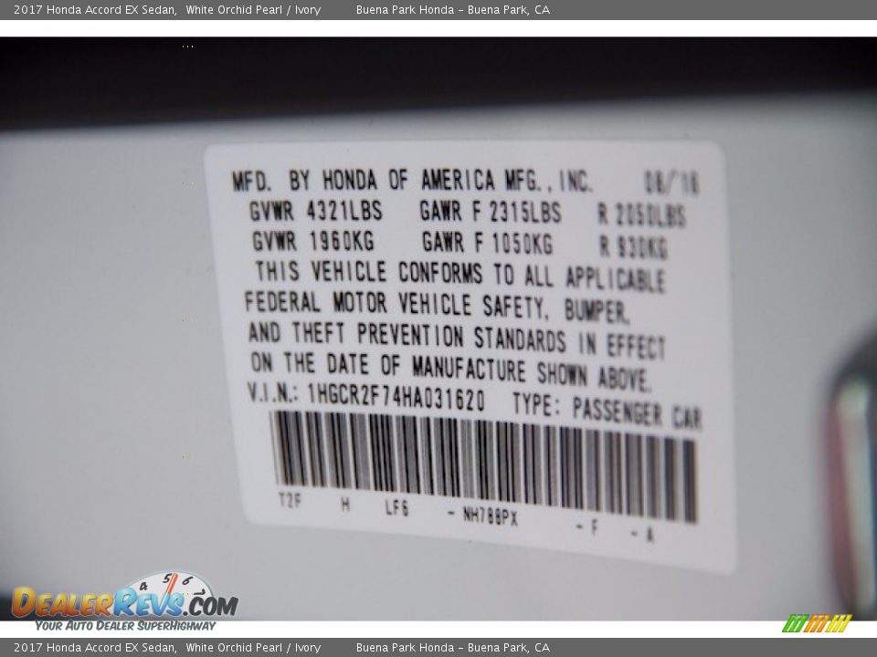 2017 Honda Accord EX Sedan White Orchid Pearl / Ivory Photo #19