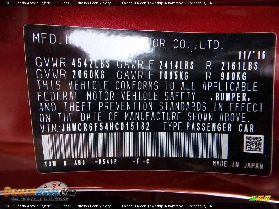 2017 Honda Accord Hybrid EX-L Sedan Crimson Pearl / Ivory Photo #10