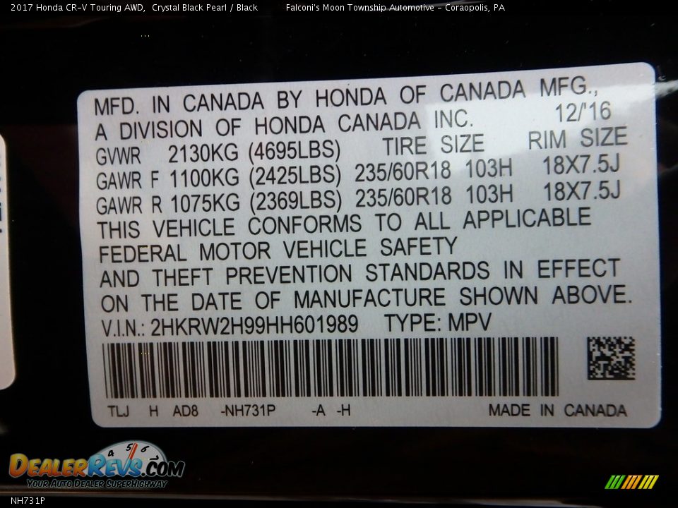 Honda Color Code NH731P Crystal Black Pearl
