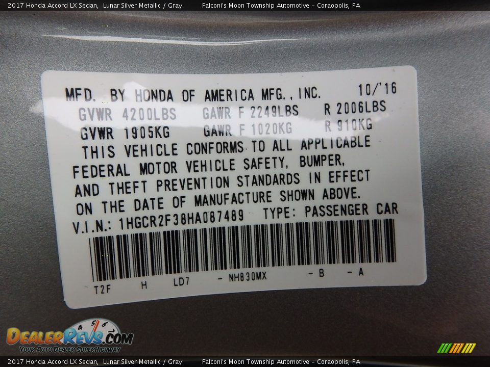 2017 Honda Accord LX Sedan Lunar Silver Metallic / Gray Photo #10