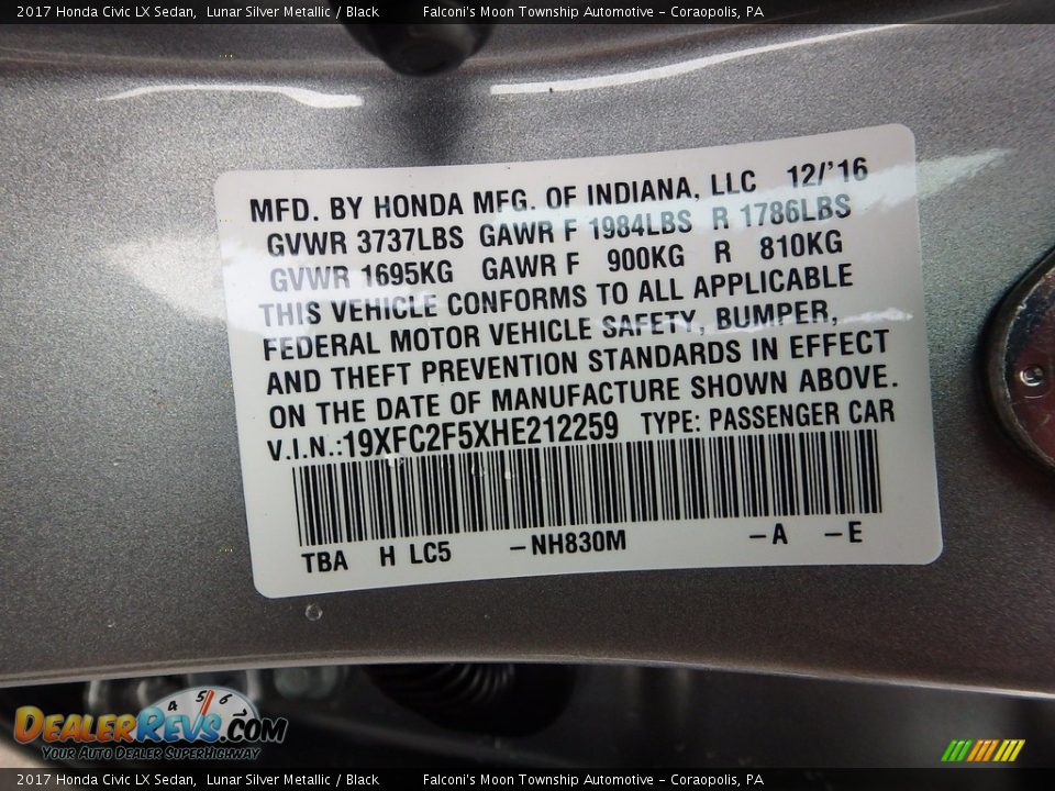 2017 Honda Civic LX Sedan Lunar Silver Metallic / Black Photo #10