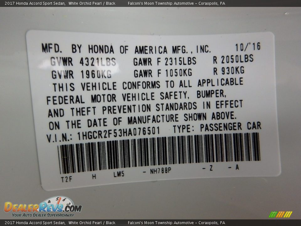 2017 Honda Accord Sport Sedan White Orchid Pearl / Black Photo #10