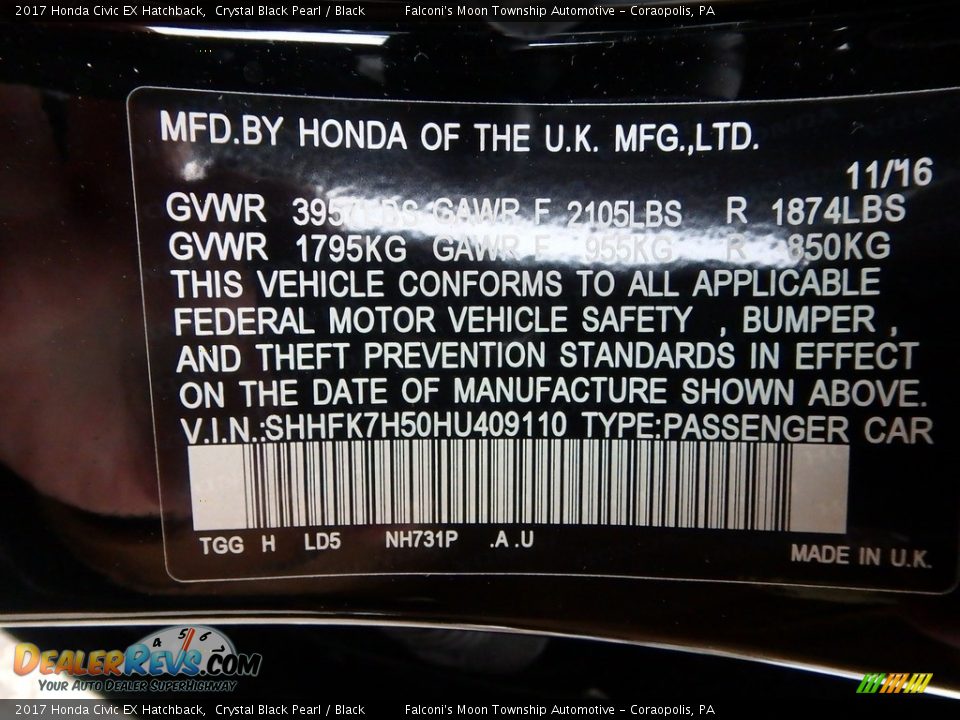 2017 Honda Civic EX Hatchback Crystal Black Pearl / Black Photo #10