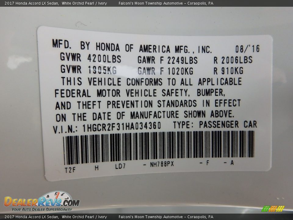 2017 Honda Accord LX Sedan White Orchid Pearl / Ivory Photo #10
