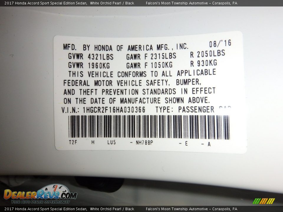 2017 Honda Accord Sport Special Edition Sedan White Orchid Pearl / Black Photo #10