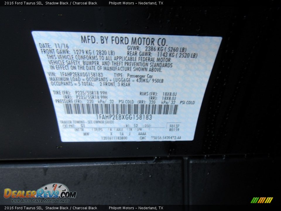 2016 Ford Taurus SEL Shadow Black / Charcoal Black Photo #31