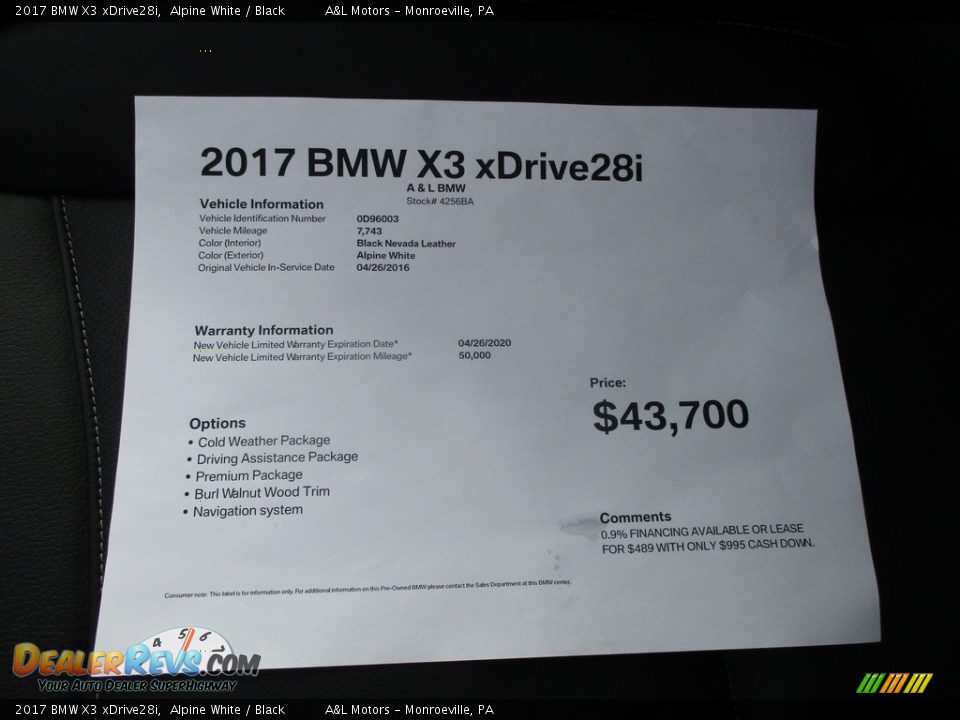 2017 BMW X3 xDrive28i Alpine White / Black Photo #12